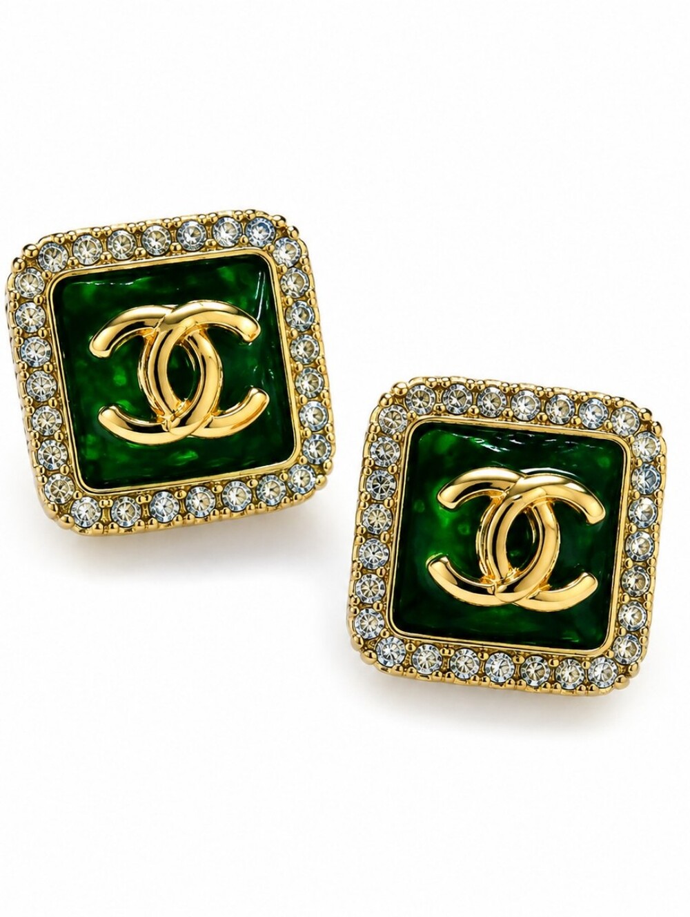 CHANEL Gold CC Logo Square Earrings with Deep Green Enamel and Crystals